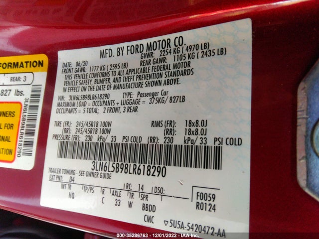 2020 LINCOLN MKZ STANDARD VIN: 3LN6L5B98LR618290