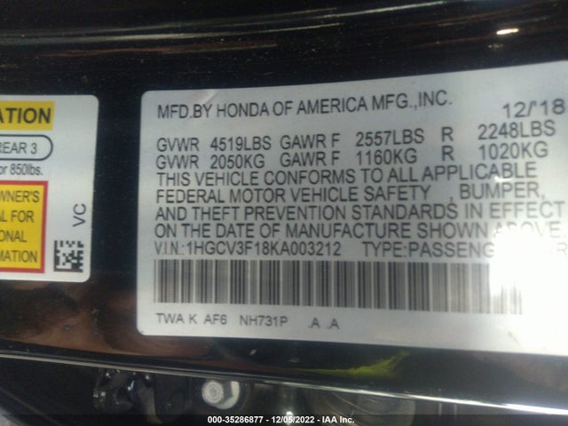 2019 Honda Accord, VIN: 1HGCV3F18KA003212