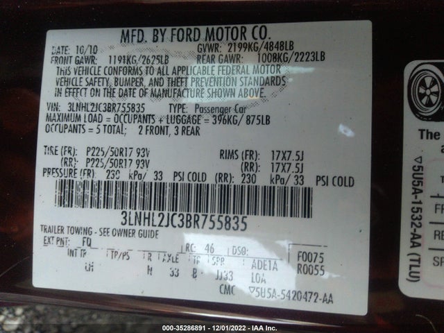 2011 LINCOLN MKZ VIN: 3LNHL2JC3BR755835