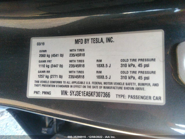 Tesla Model 3 Range 2019 5YJ3E1EA5KF307366 Image 9