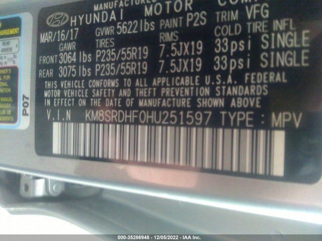 2017 Hyundai Santa Fe, VIN: KM8SRDHF0HU251597