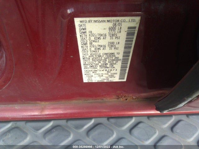 2005 NISSAN PATHFINDER SE VIN: 5N1AR18W75C782873