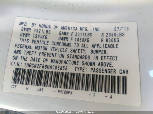 2017 HONDA ACCORD SEDAN EX-L VIN: 1HGCR2F88HA005868