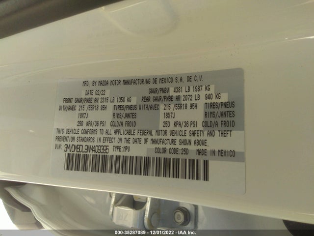 2022 MAZDA CX-30 2.5 S PREMIUM PACKAGE VIN: 3MVDMBDL9NM409395