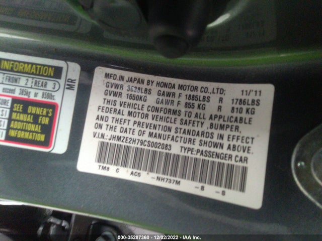 2012 HONDA INSIGHT EX VIN: JHMZE2H79CS002083