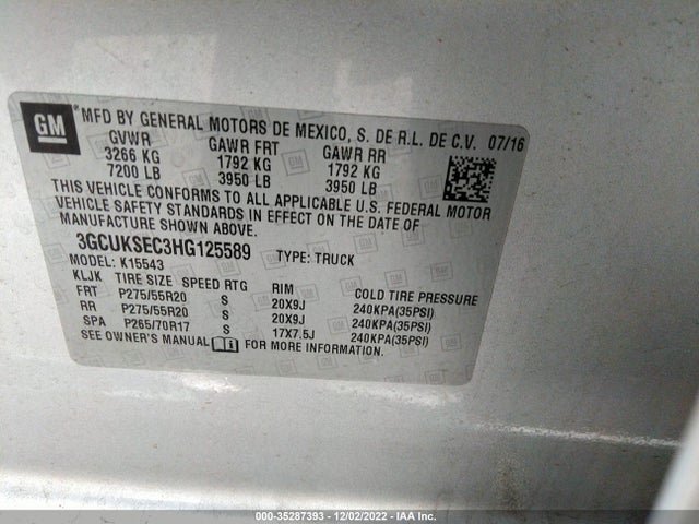 2017 CHEVROLET SILVERADO 1500 LTZ VIN: 3GCUKSEC3HG125589