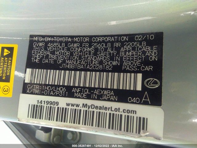 Lexus HS 250H 2010 JTHBB1BA1A2028182 Image 9