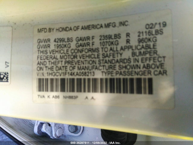 2019 HONDA ACCORD SEDAN LX 1.5T VIN: 1HGCV1F14KA058213