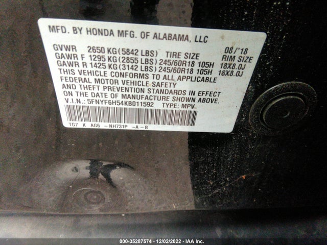 2019 Honda Pilot, VIN: 5FNYF6H54KB011592