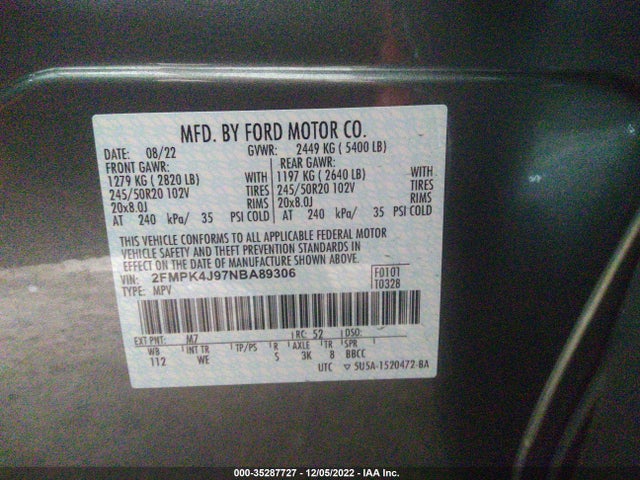2022 Ford Edge, VIN: 2FMPK4J97NBA89306