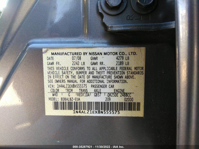 2008 NISSAN ALTIMA 2.5 SL VIN: 1N4AL21EX8N555575