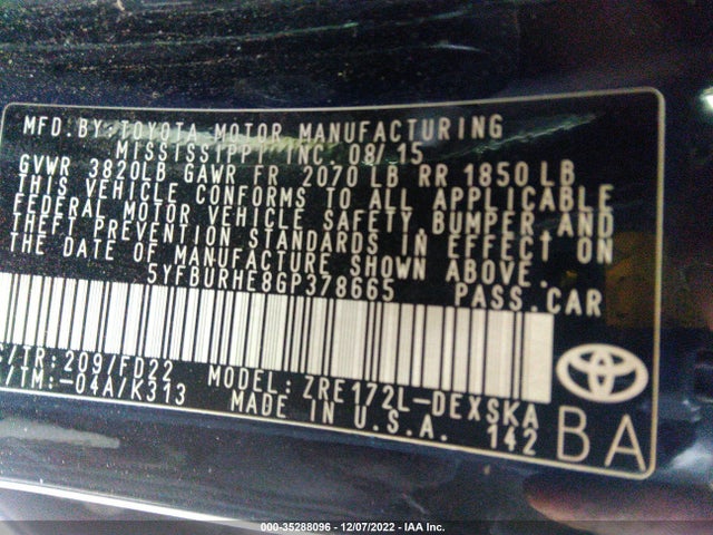 2016 TOYOTA COROLLA L/LE/S/S PLUS/LE PLUS VIN: 5YFBURHE8GP378665