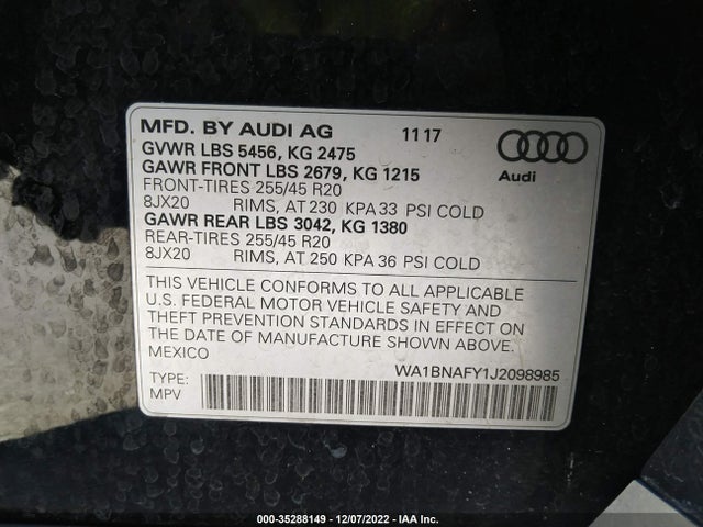 2018 AUDI Q5 PREMIUM PLUS VIN: WA1BNAFY1J2098985