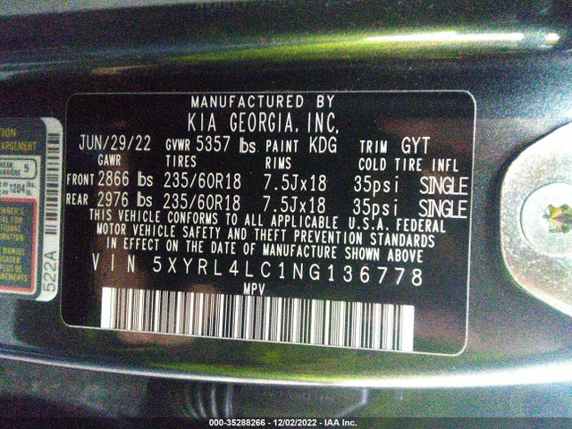 2022 Kia Sorento, VIN: 5XYRL4LC1NG136778