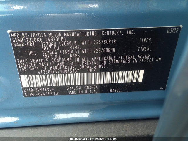 2022 Toyota RAV4, VIN: 4T3E6RFV7NU076197