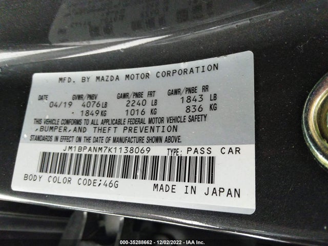 2019 MAZDA MAZDA3 HATCHBACK W/PREMIUM PKG VIN: JM1BPANM7K1138069