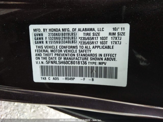 2012 HONDA ODYSSEY EX-L VIN: 5FNRL5H60CB018136