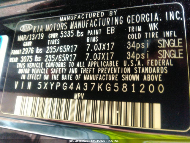 2019 Kia Sorento, VIN: 5XYPG4A37KG581200