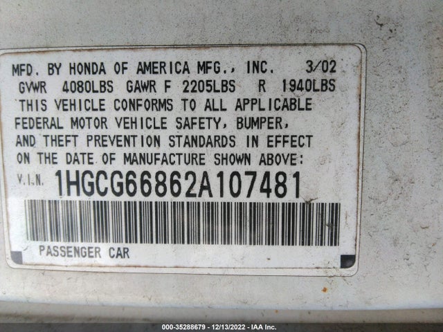 2002 HONDA ACCORD SDN SE/EX/EX W/LEATHER VIN: 1HGCG66862A107481