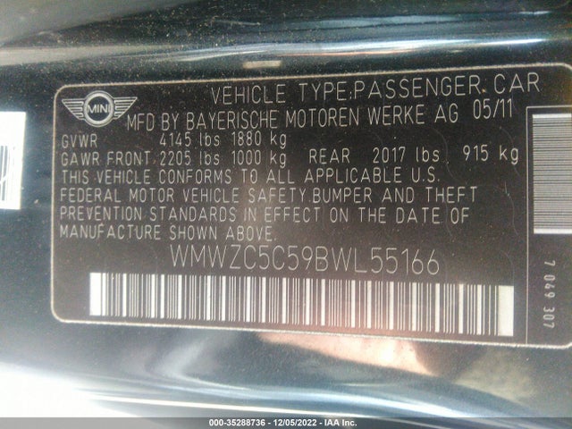 Продаж на аукціоні авто 2011 Mini Cooper Countryman S, vin: WMWZC5C59BWL55166, номер лоту: 35288736