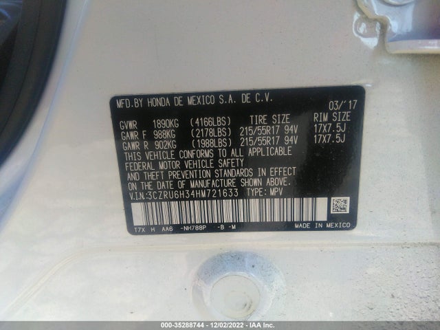 2017 HONDA HR-V LX VIN: 3CZRU6H34HM721633