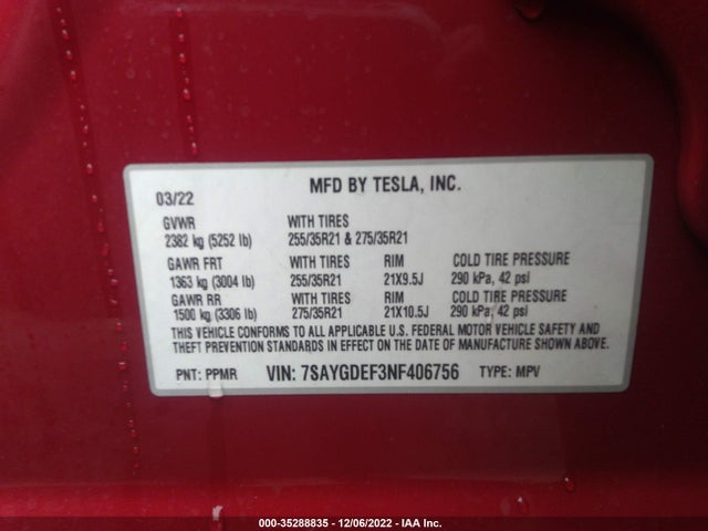 Tesla Model Y 2022 7SAYGDEF3NF406756 Image 9