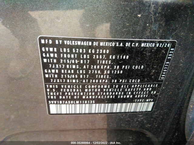 2020 Volkswagen Tiguan, VIN: 3VV1B7AX0LM118135