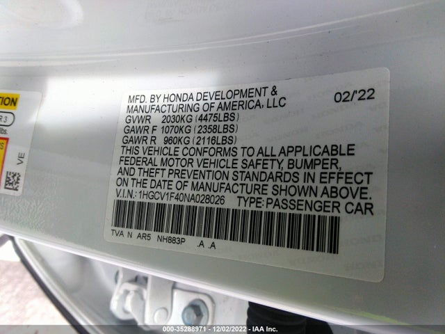 2022 HONDA ACCORD SEDAN SPORT SE VIN: 1HGCV1F40NA028026