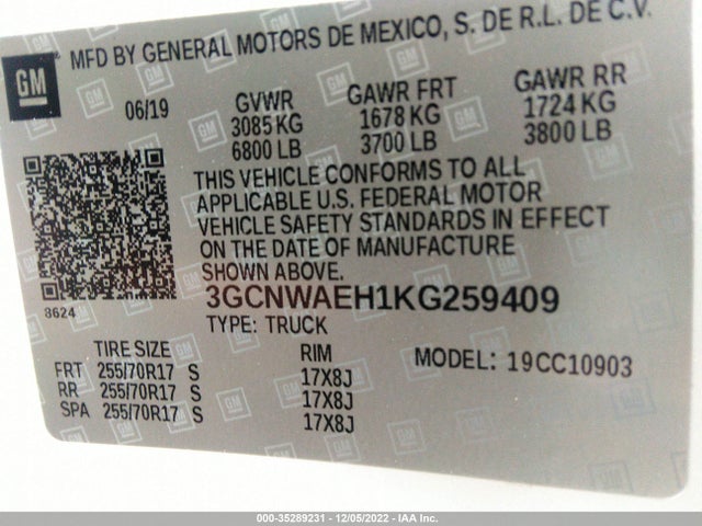 2019 Chevrolet Silverado 1500, VIN: 3GCNWAEH1KG259409