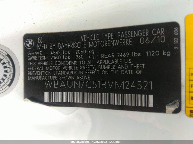 BMW 1 Series 135i 2011 WBAUN7C51BVM24521 Image 10