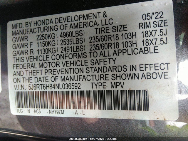 2022 Honda CR-V, VIN: 5J6RT6H84NL036592