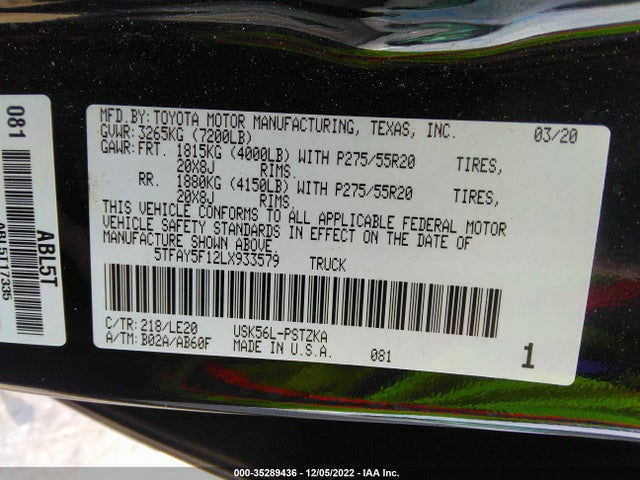 2020 Toyota Tundra, VIN: 5TFAY5F12LX933579