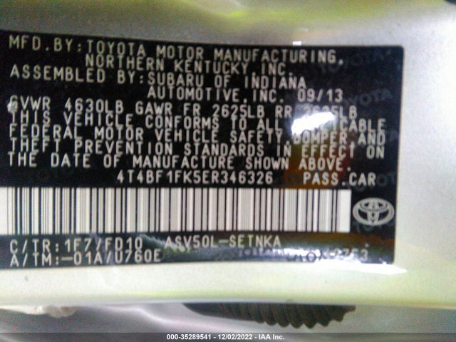 2014 TOYOTA CAMRY L/LE/XLE/SE/SE SPORT VIN: 4T4BF1FK5ER346326