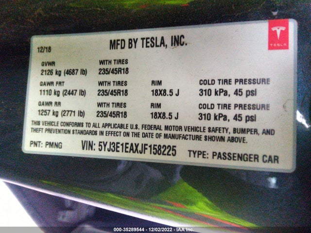 Tesla Model 3 Range Battery 2018 5YJ3E1EAXJF158225 Image 11