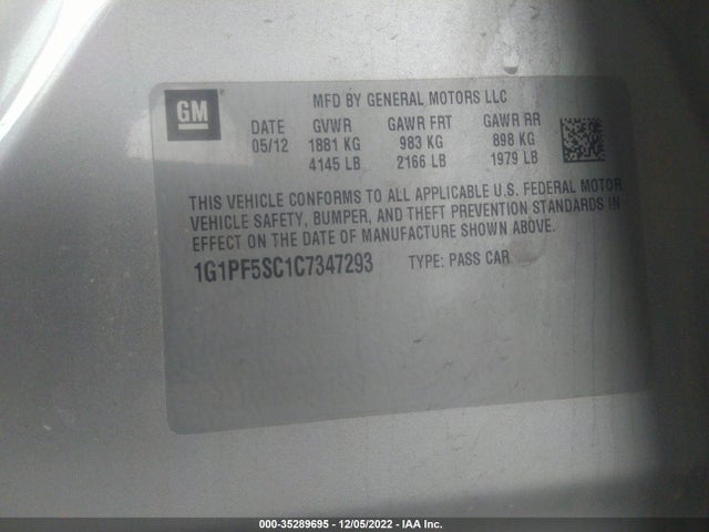 2012 CHEVROLET CRUZE LT W/1LT VIN: 1G1PF5SC1C7347293
