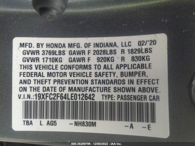 2020 HONDA CIVIC SEDAN LX VIN: 19XFC2F64LE012642