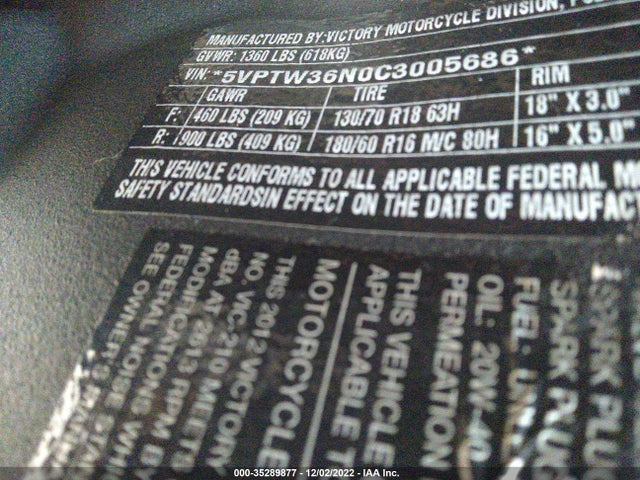 2012 VICTORY MOTORCYCLES CROSS COUNTRY TOUR VIN: 5VPTW36N0C3005686