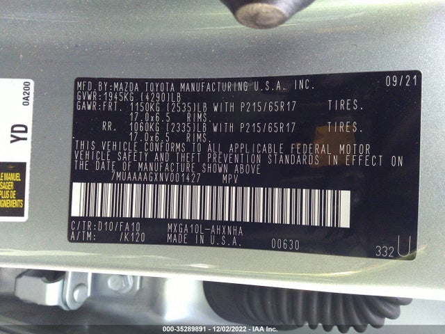 2022 Toyota Corolla, VIN: 7MUAAAAGXNV001427