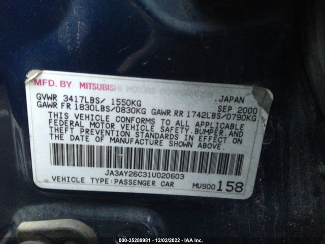 2001 MITSUBISHI MIRAGE ES VIN: JA3AY26C31U020603