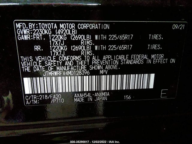 2021 Toyota RAV4, VIN: JTMRWRFV4MD128396