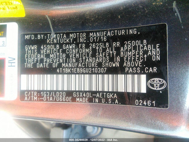 2016 TOYOTA AVALON LIMITED/TOURING/XLE VIN: 4T1BK1EB9GU210307