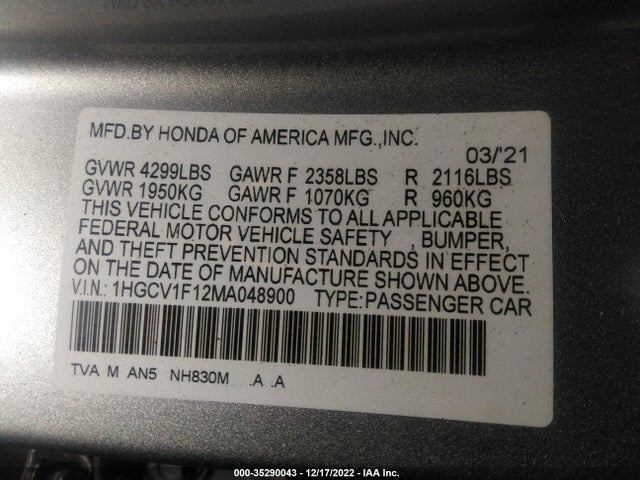 2021 HONDA ACCORD SEDAN LX VIN: 1HGCV1F12MA048900