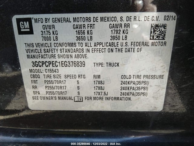 2014 CHEVROLET SILVERADO 1500 WORK TRUCK VIN: 3GCPCPEC1EG376839