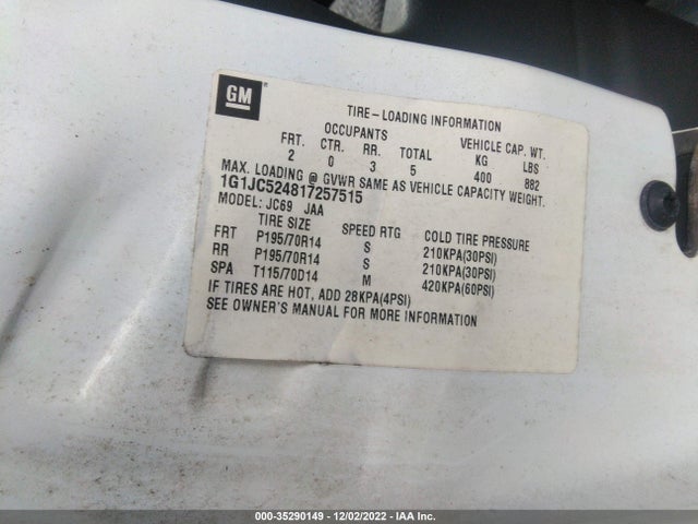 2001 CHEVROLET CAVALIER VIN: 1G1JC524817257515