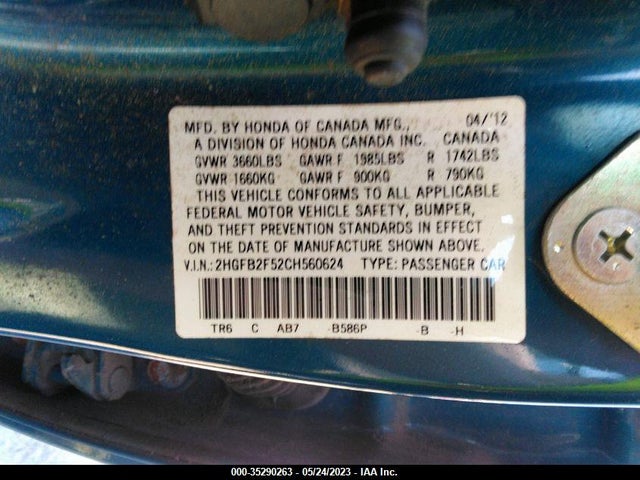 2012 HONDA CIVIC SDN LX VIN: 2HGFB2F52CH560624