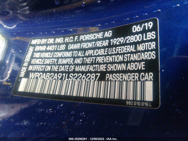 2020 Porsche 911, VIN: WP0AB2A91LS226287