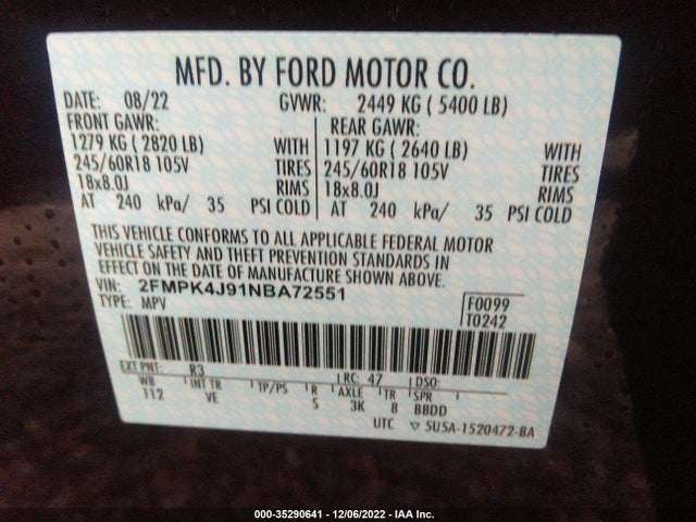 2022 FORD EDGE SEL/ST-LINE VIN: 2FMPK4J91NBA72551