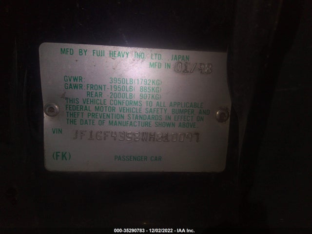 1998 SUBARU IMPREZA WAGON L VIN: JF1GF4358WH810097