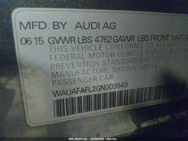 2016 Audi A4, VIN: WAUAFAFL2GN003549