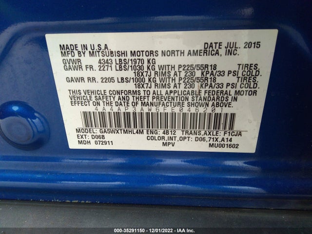 4A4AP3AW6FE046201 Mitsubishi Outlander Sport 2.4 Es